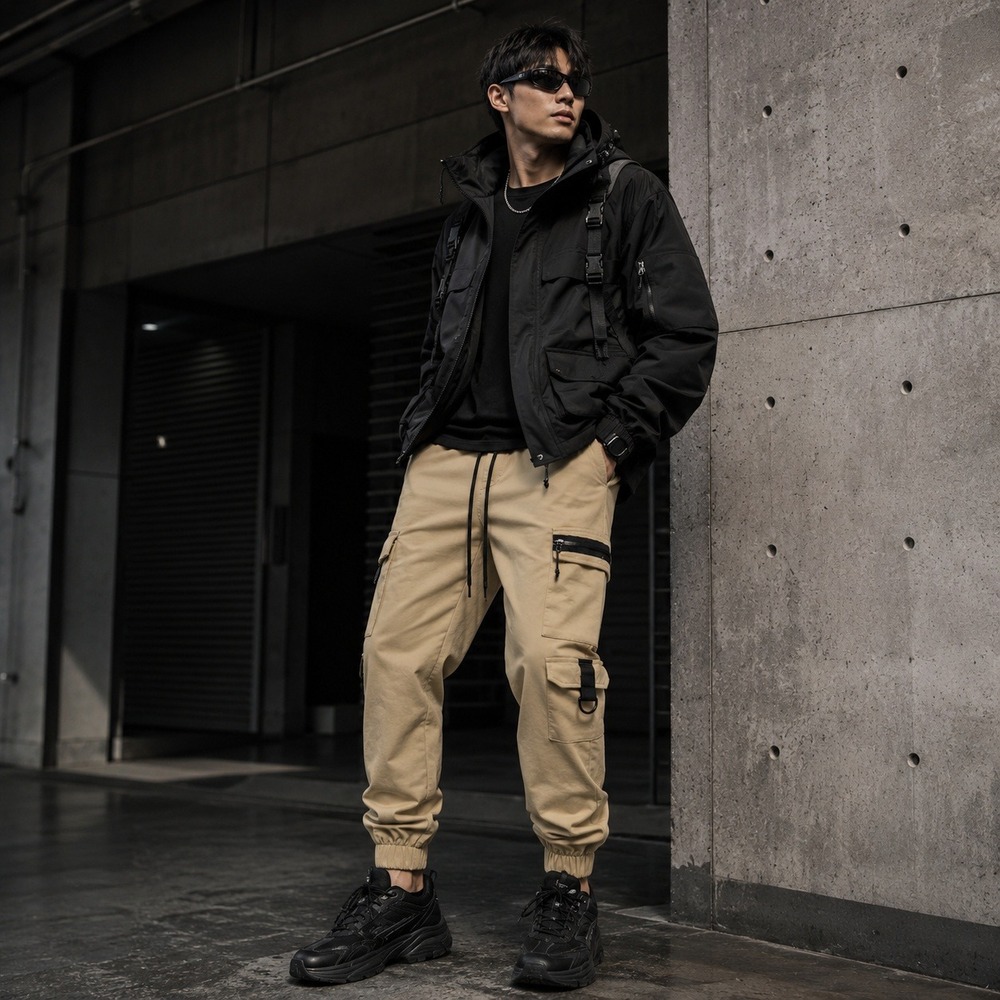 Riot Empire Mens Cargo Jogger Pants Sz‎ S Beige Utility Streetwear Techwear Y2K